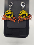 Halloween Black Cat & Bats Lever-Back Dangle Earrings
