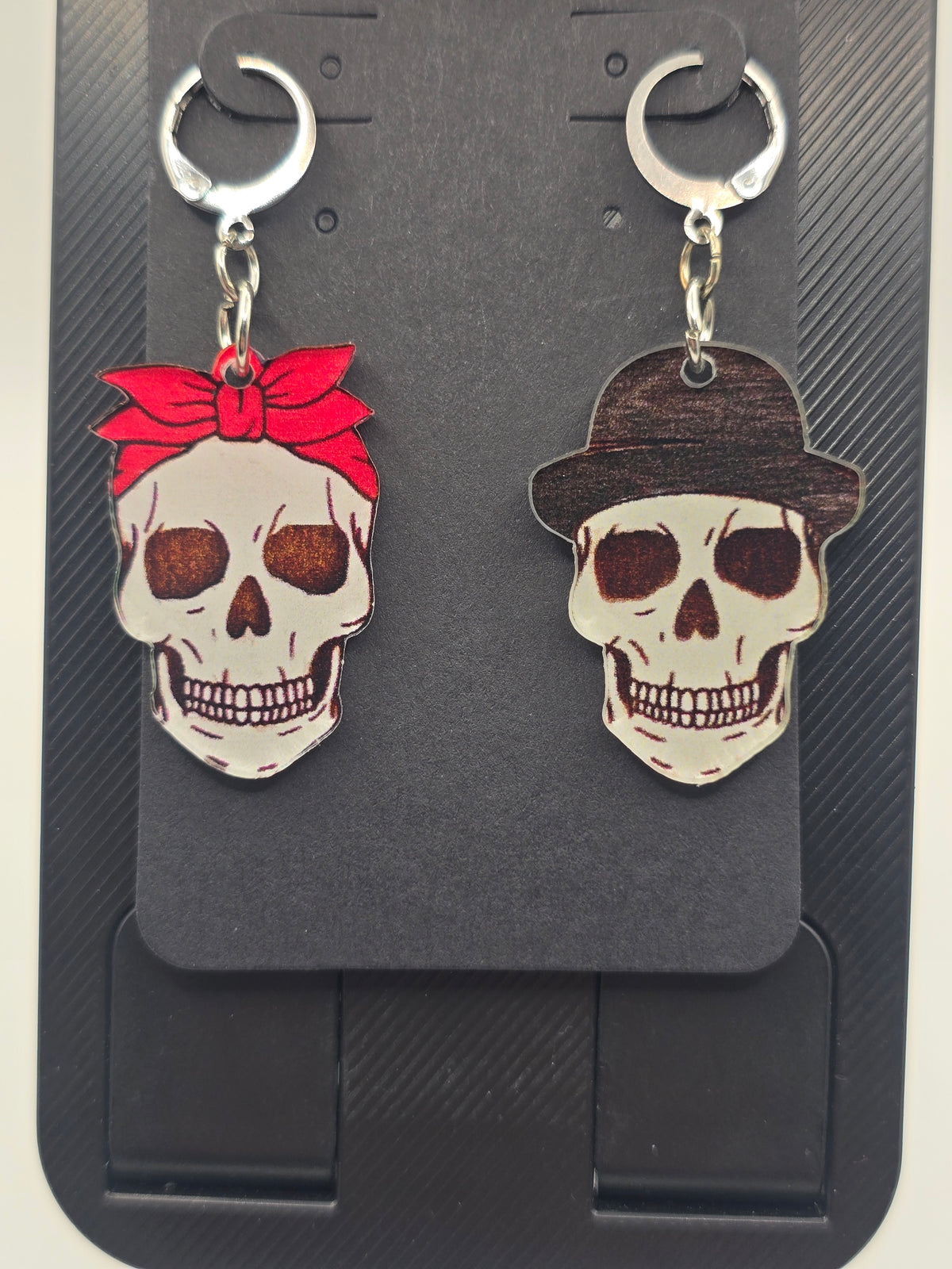 Bandana & Bowler Hat Skull Lever-Back Dangle Earrings