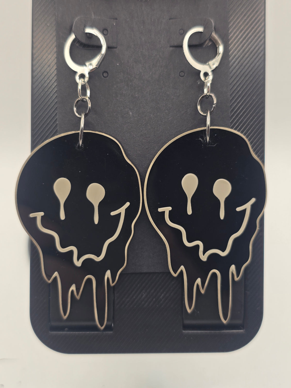 Black Melting Smiley Face Lever-Back Dangle Earrings