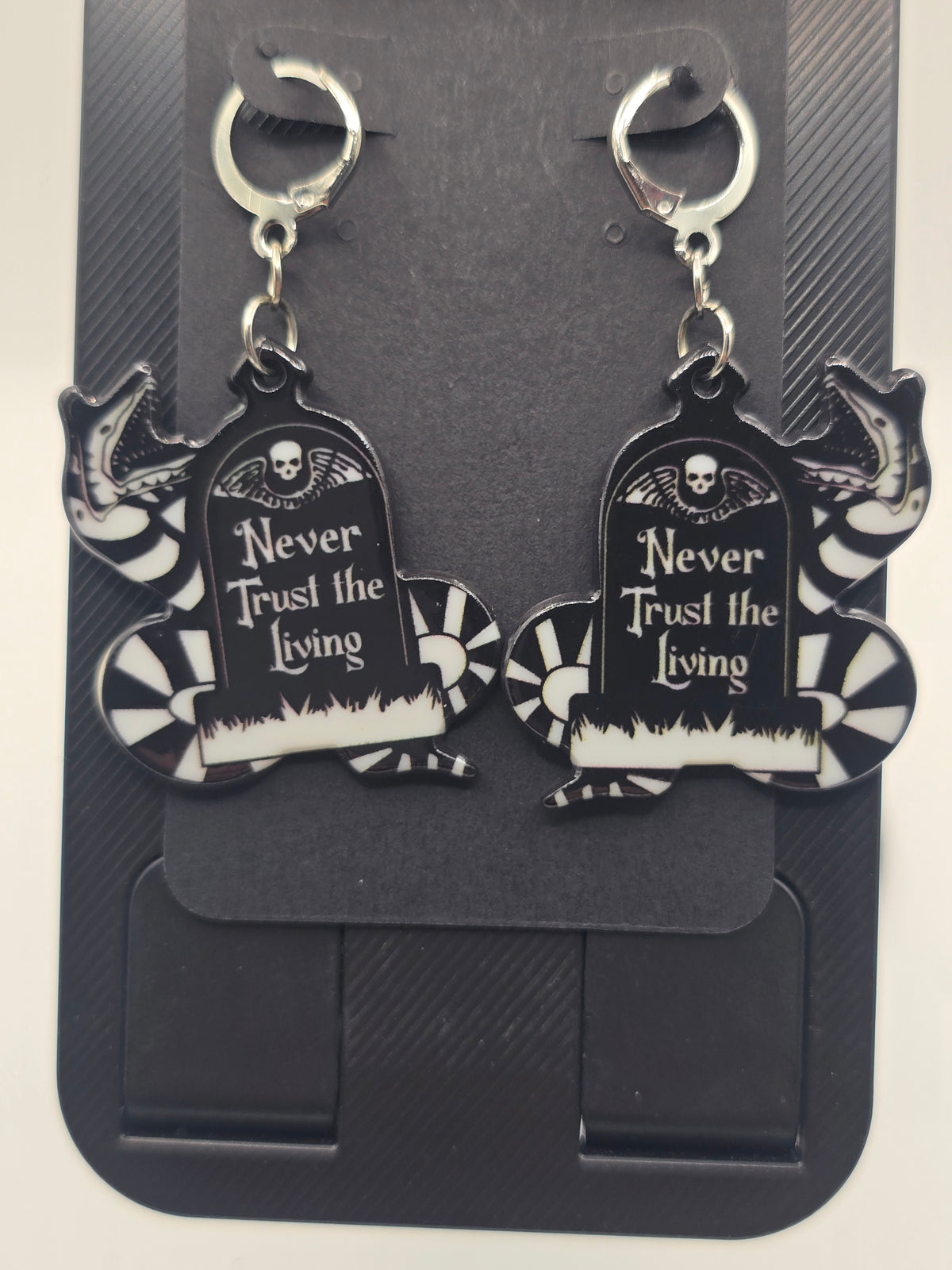 Never Trust the Living Snake & Tombstone Lever-Back Dangle Earrings