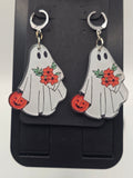 Orange Flower & Pumpkin Ghost Lever-Back Dangle Earrings