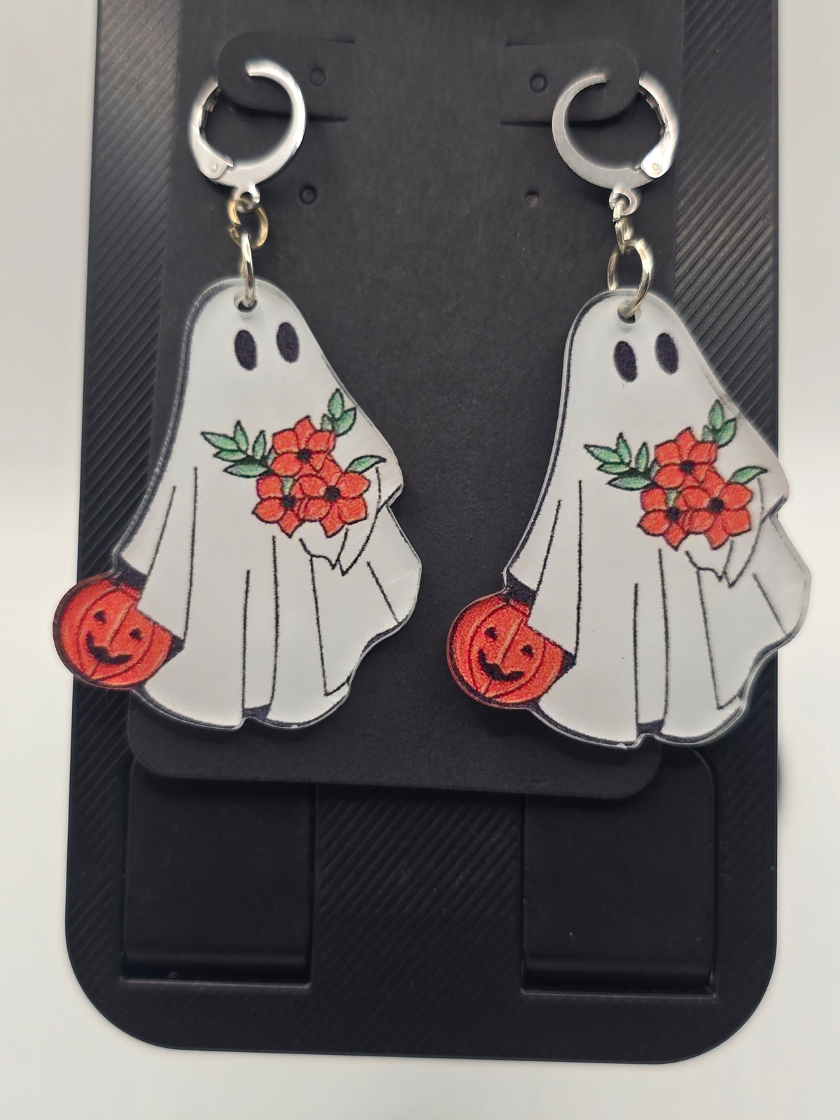 Orange Flower & Pumpkin Ghost Lever-Back Dangle Earrings